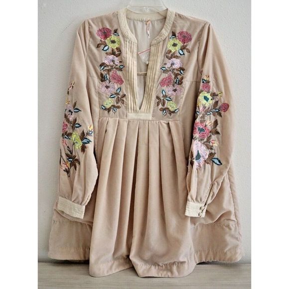 Free People Women's Sz S Beige Split Neck Velvet Embroidered Mia Mini Dress $150 - Picture 1 of 9